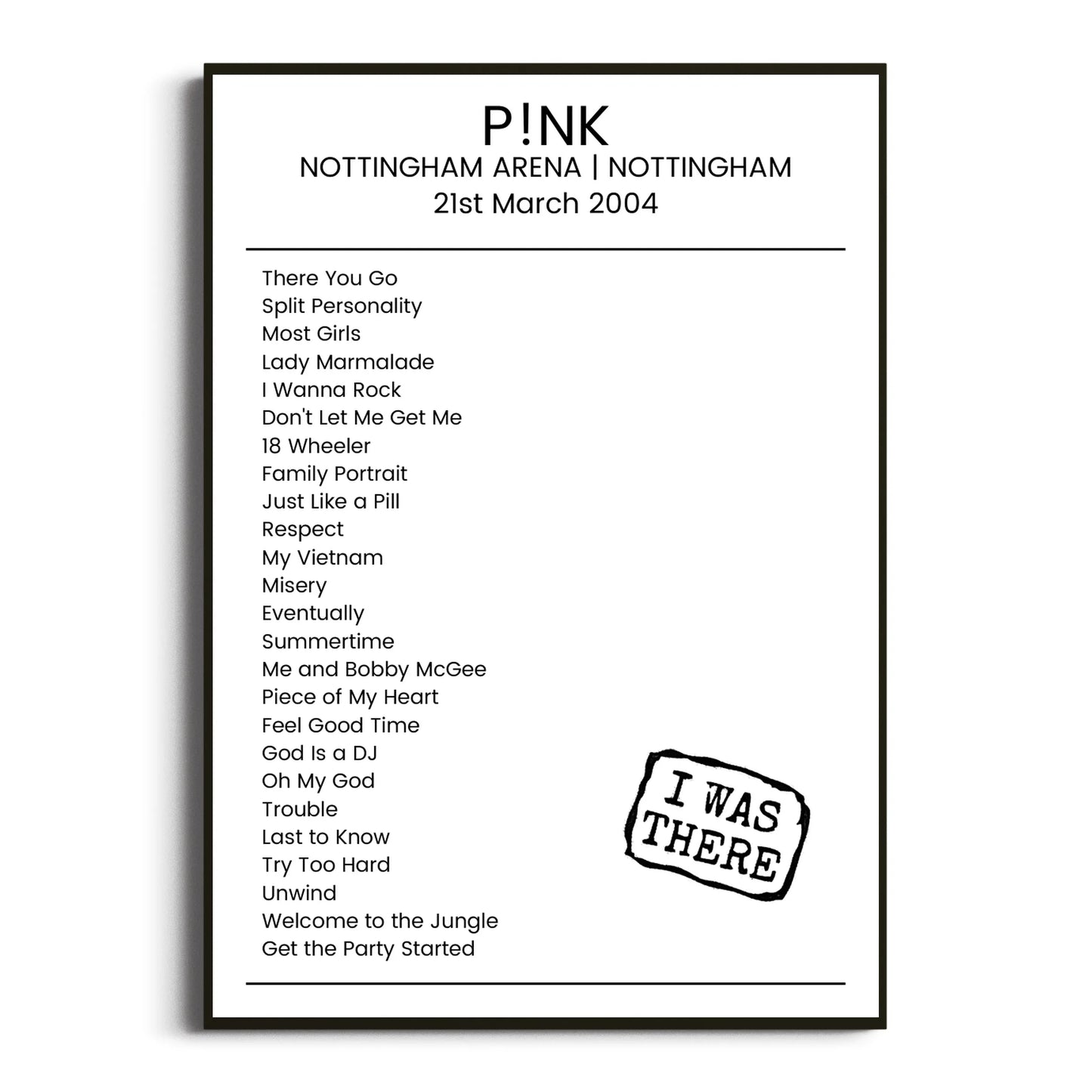 P!nk Nottingham 21 March 2004 Setlist Poster