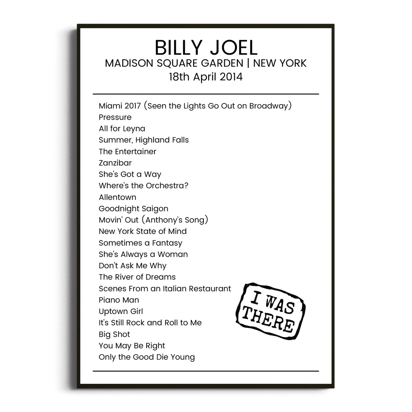 Billy Joel New York 18 April 2014 Setlist Poster