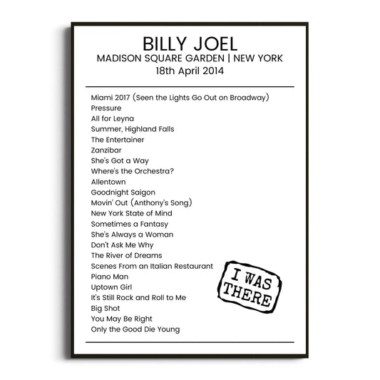 Billy Joel New York 18 April 2014 Setlist Poster