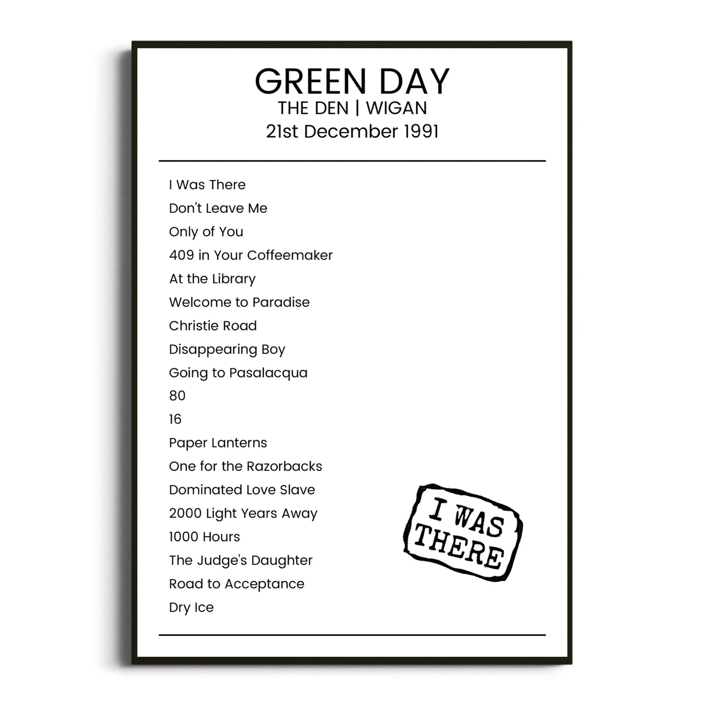 Green Day Wigan 21 December 1991 Setlist Poster