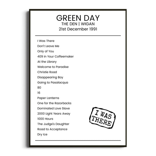 Green Day Wigan 21 December 1991 Setlist Poster