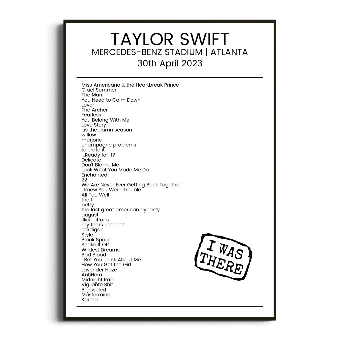 Taylor Swift Atlanta 30 April 2023 Setlist Poster