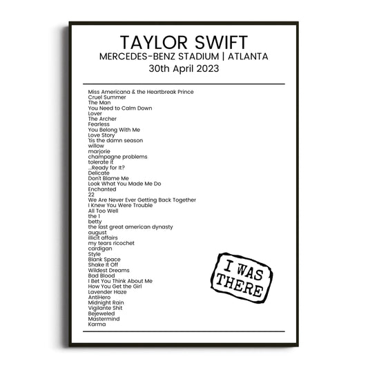 Taylor Swift Atlanta 30 April 2023 Setlist Poster