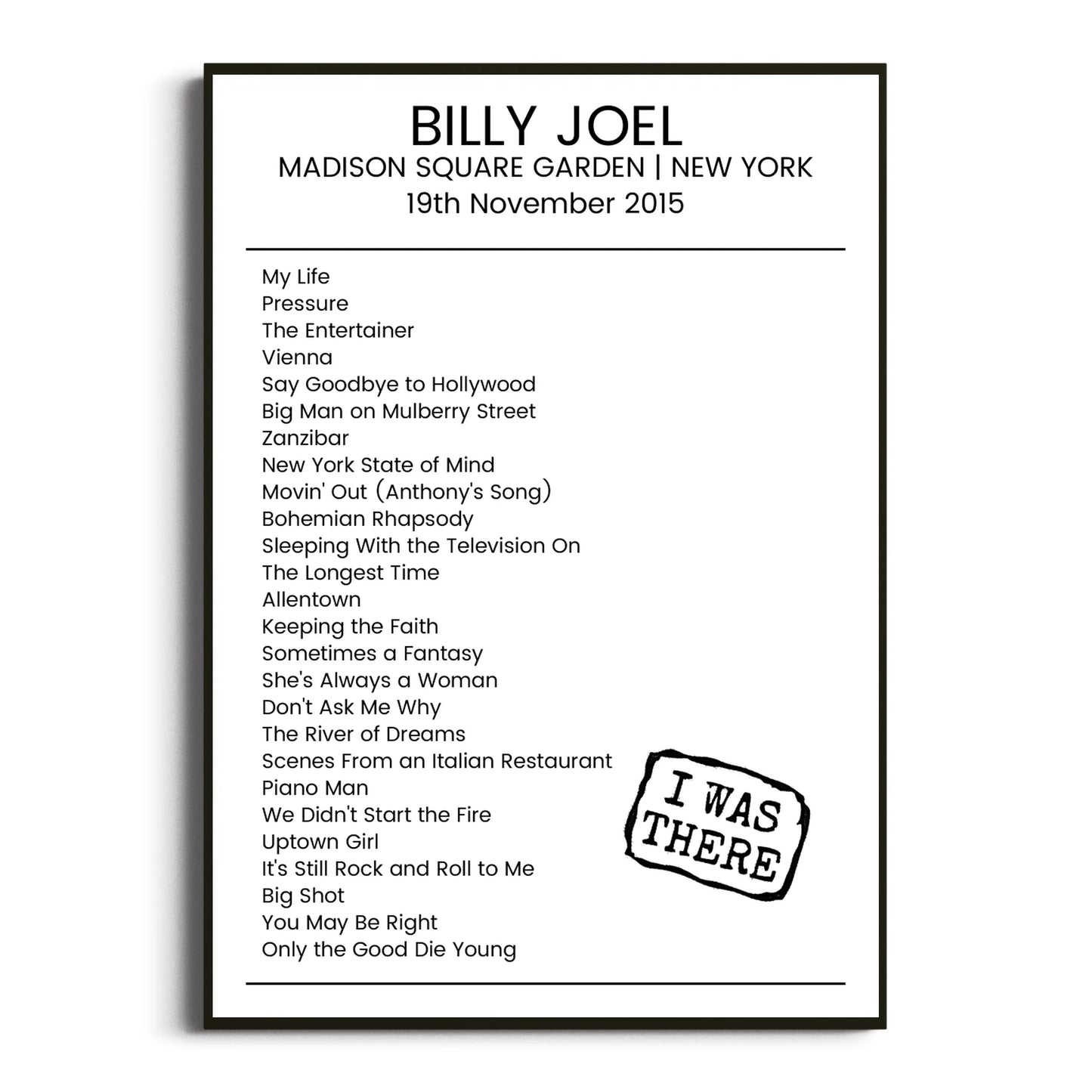 Billy Joel New York 19 November 2015 Setlist Poster