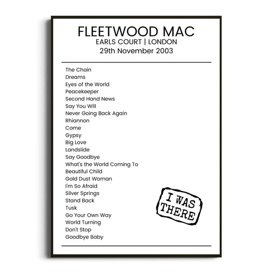 Fleetwood Mac London 29 November 2003 Setlist Poster