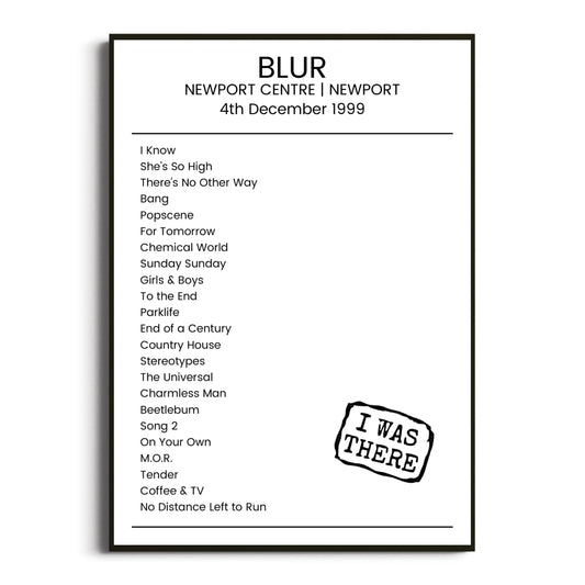 Blur Newport 04 December 1999 Setlist Poster