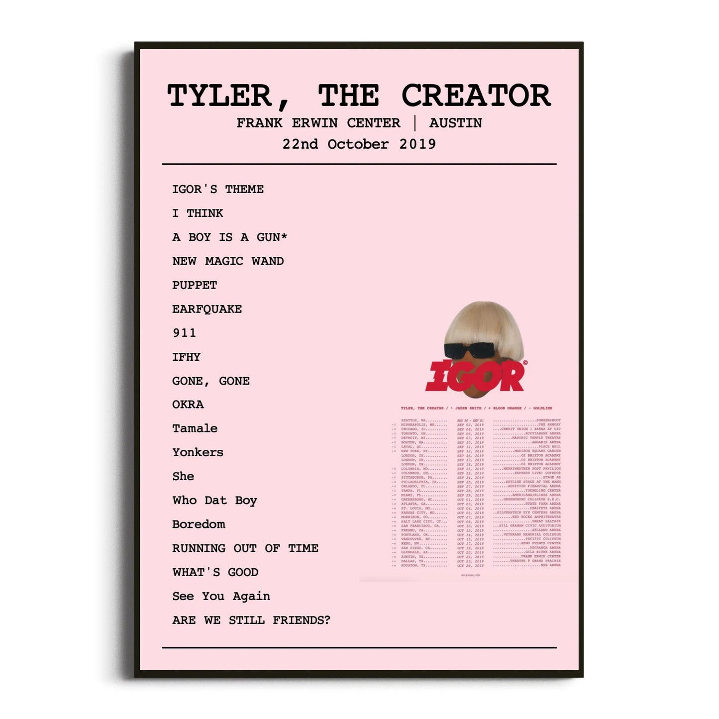 Tyler, The Creator Austin 22 October 2019 Setlist Poster