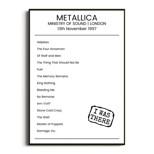 Metallica London 13 November 1997 Setlist Poster