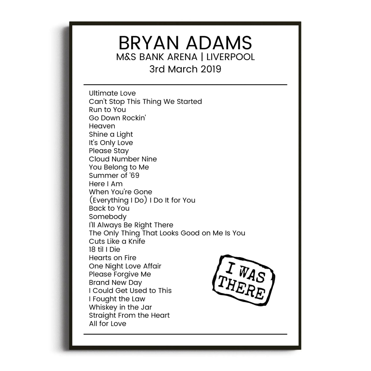 Bryan Adams Liverpool 03 March 2019 Setlist Poster