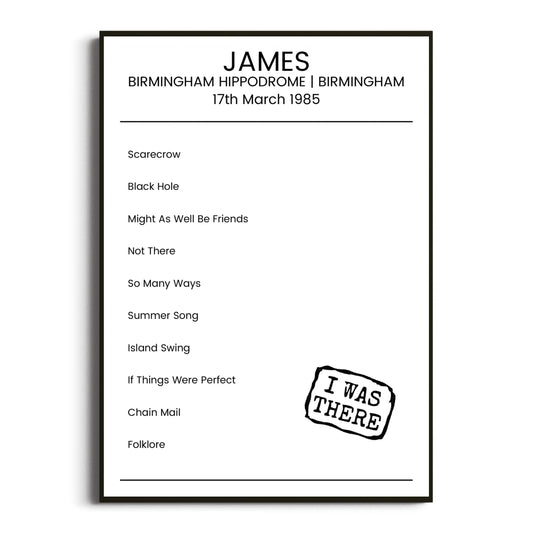 James Birmingham 17 March 1985 Setlist Poster