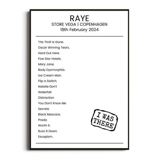 RAYE Copenhagen 18 February 2024 Setlist Poster