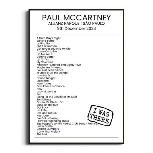 Paul McCartney São Paulo 09 December 2023 Setlist Poster