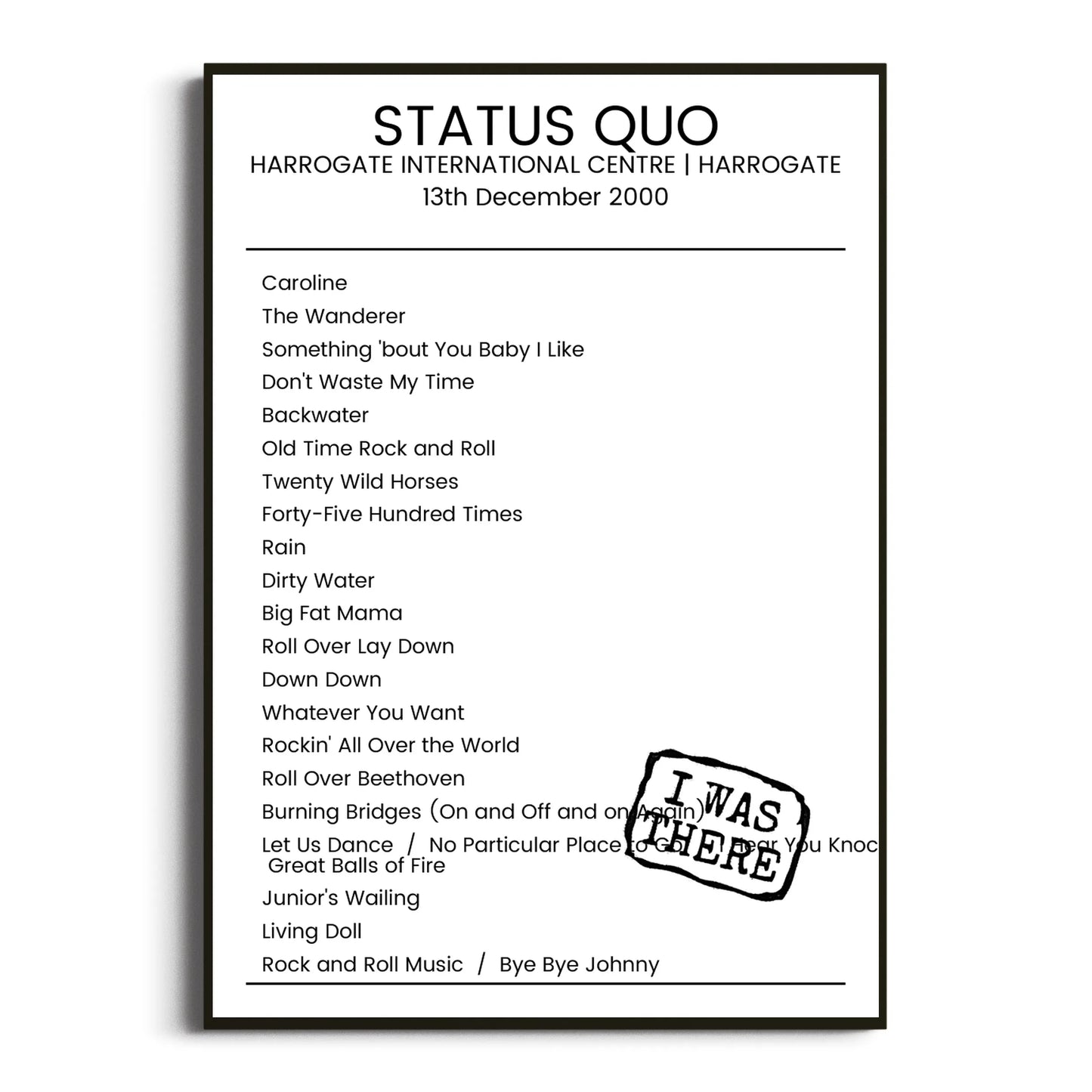 Status Quo Harrogate 13 December 2000 Setlist Poster