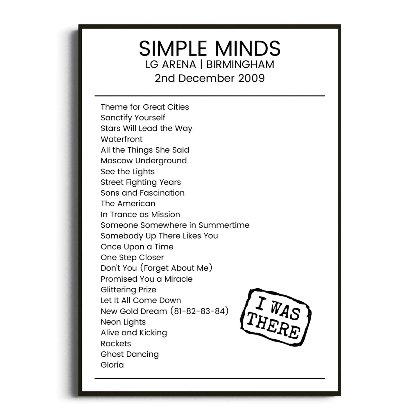 Simple Minds Birmingham 02 December 2009 Setlist Poster