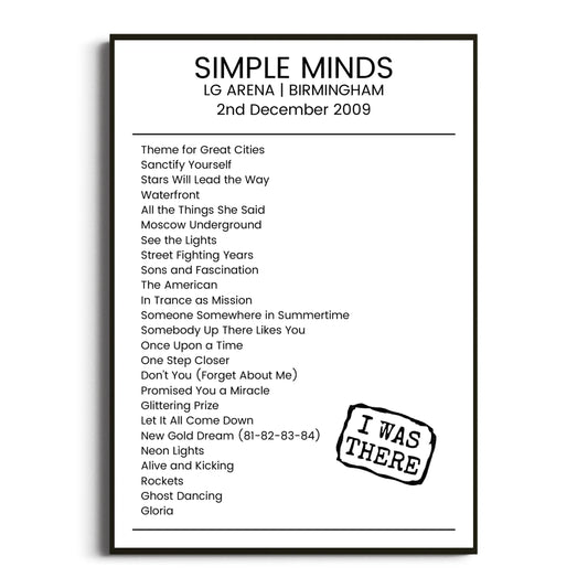 Simple Minds Birmingham 02 December 2009 Setlist Poster