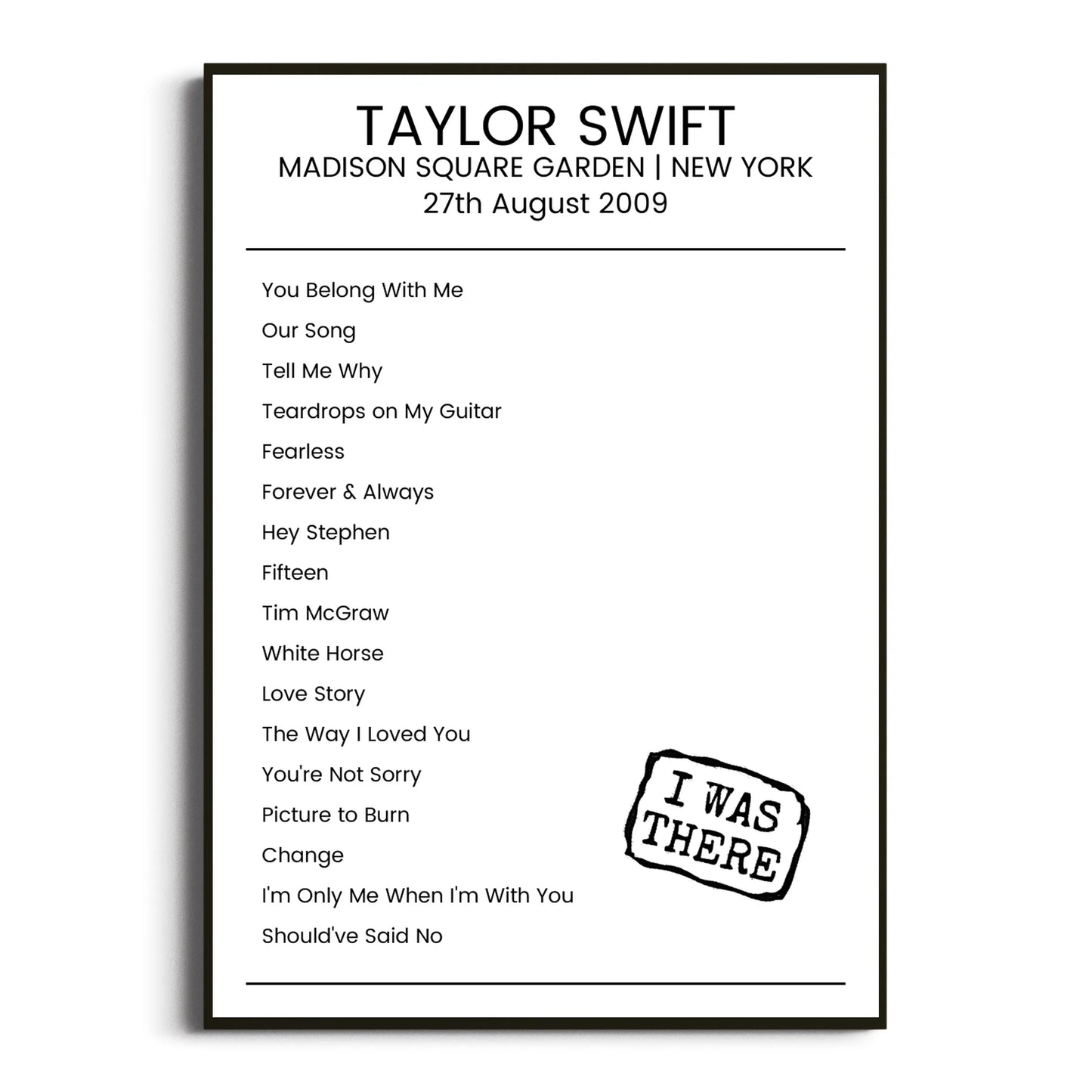 Taylor Swift New York 27 August 2009 Setlist Poster