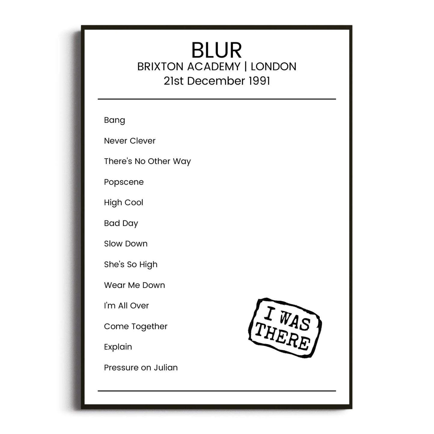 Blur London 21 December 1991 Setlist Poster