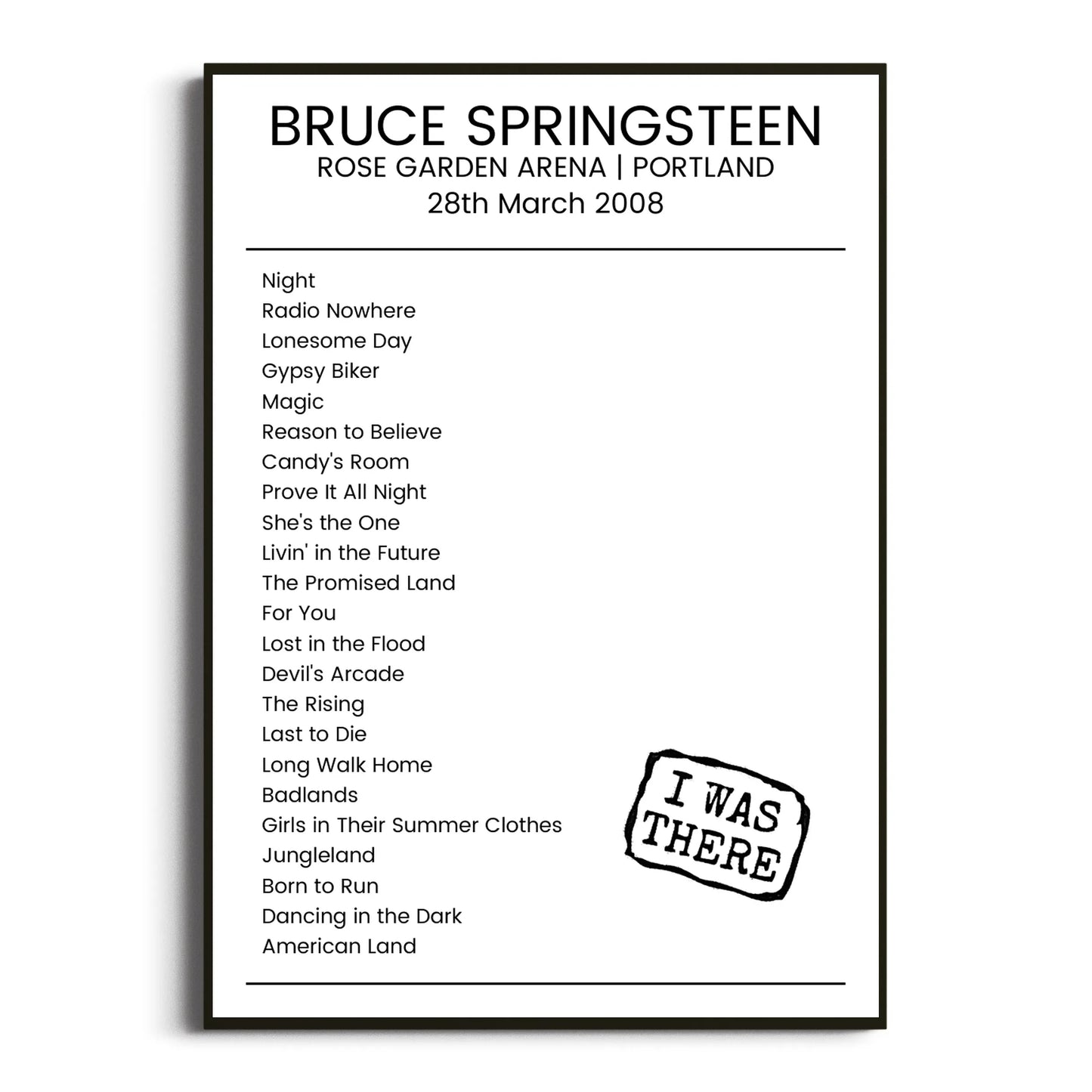 Bruce Springsteen Portland 28 March 2008 Setlist Poster