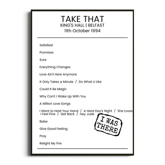 Take That Belfast 11 October 1994 Setlist Poster