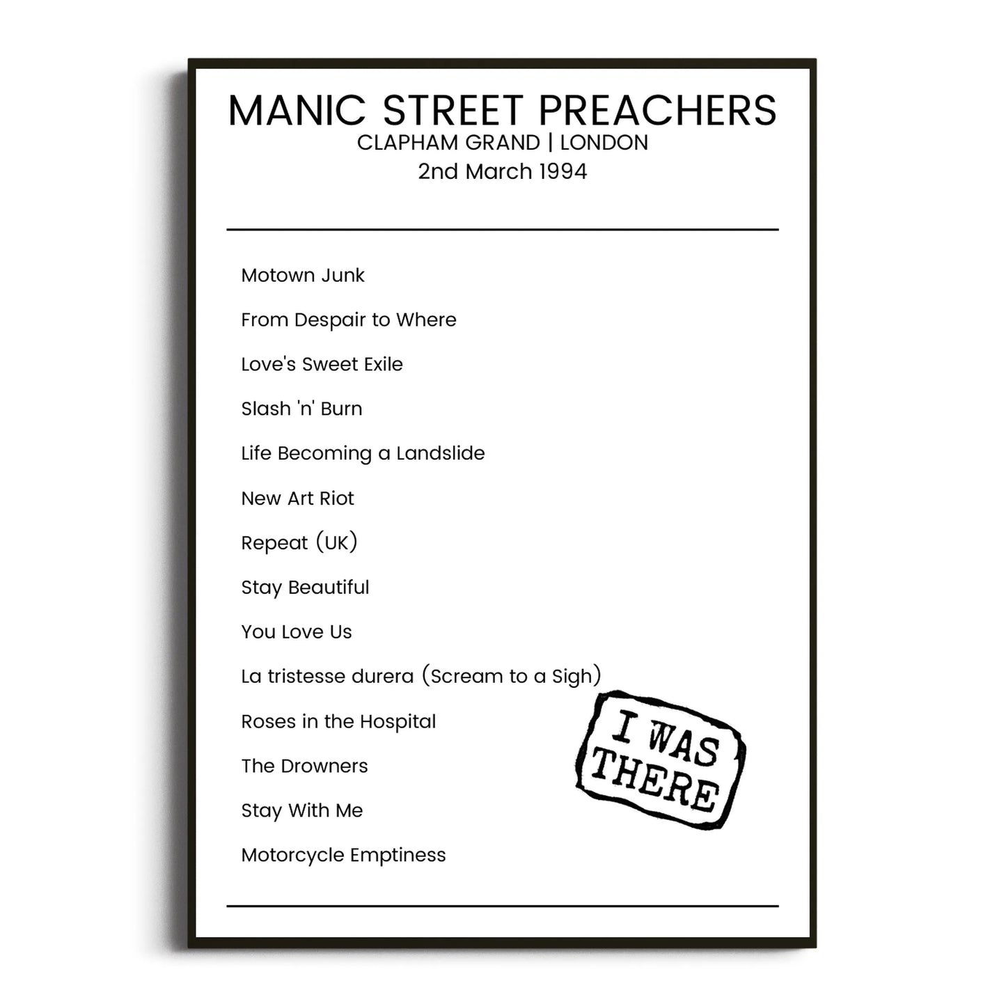 Manic Street Preachers London 02 March 1994 Setlist Poster