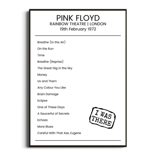 Pink Floyd London 19 February 1972 Setlist Poster