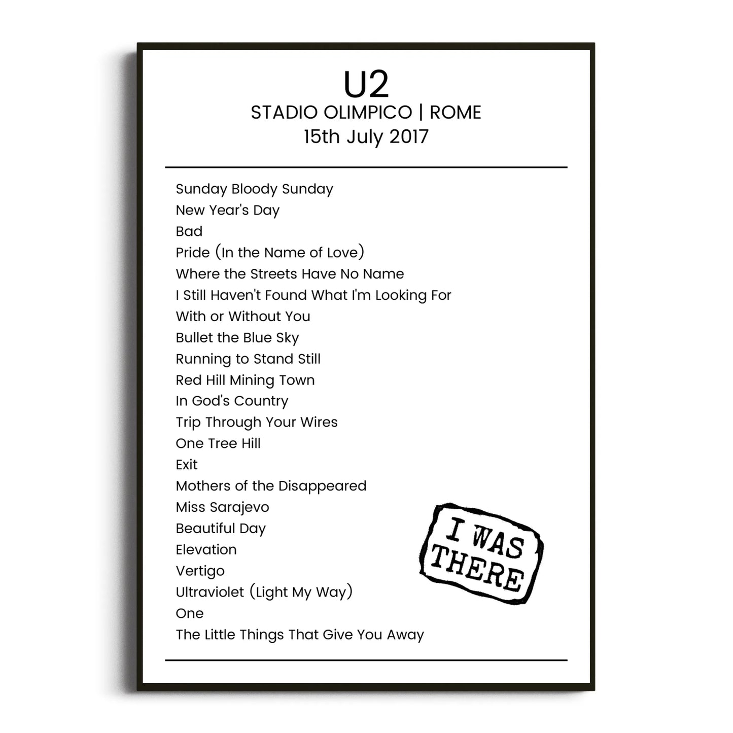 U2 Rome 15 July 2017 Setlist Poster