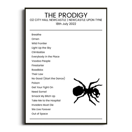 The Prodigy Newcastle upon Tyne 18 July 2022 Setlist Poster