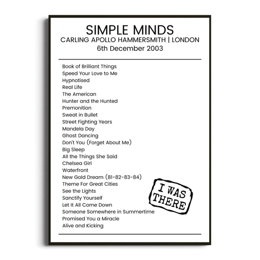 Simple Minds London 06 December 2003 Setlist Poster