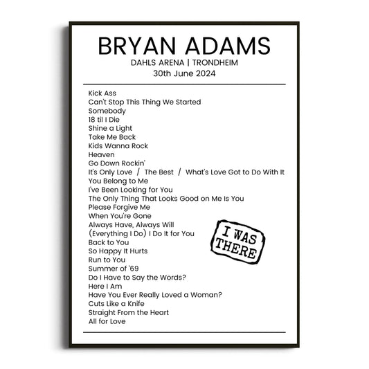 Bryan Adams Trondheim 30 June 2024 Setlist Poster