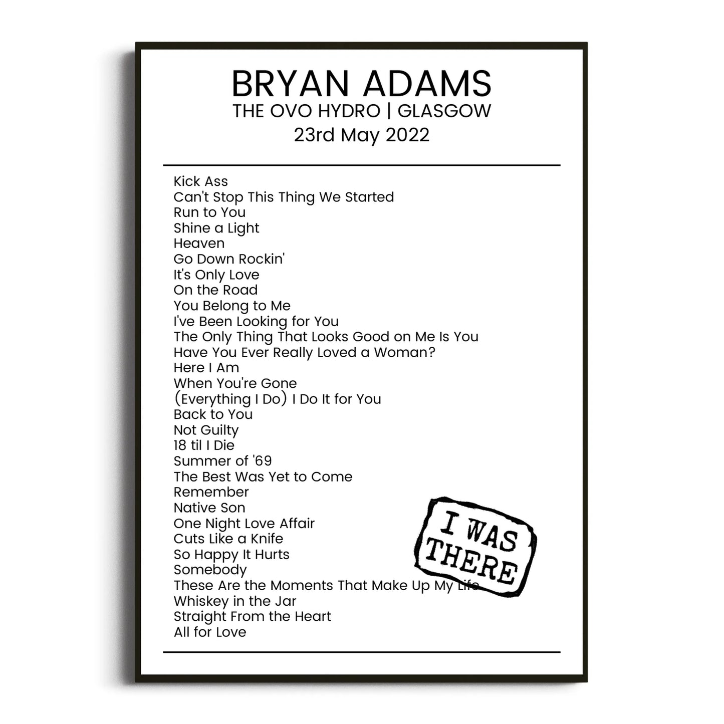 Bryan Adams Glasgow 23 May 2022 Setlist Poster