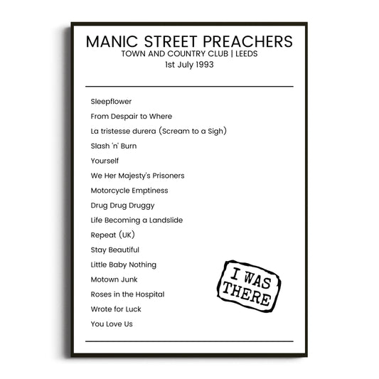 Manic Street Preachers Leeds 01 July 1993 Setlist Poster