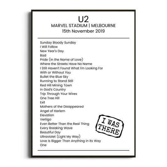 U2 Melbourne 15 November 2019 Setlist Poster