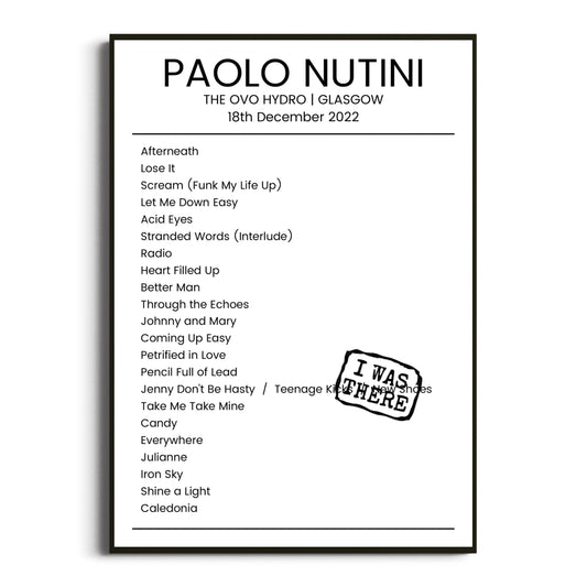 Paolo Nutini Glasgow 18 December 2022 Setlist Poster