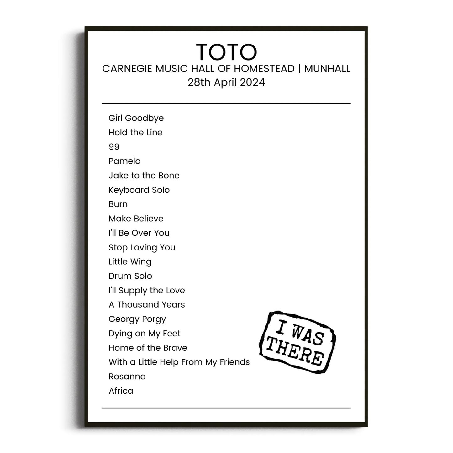 Toto Munhall 28 April 2024 Setlist Poster