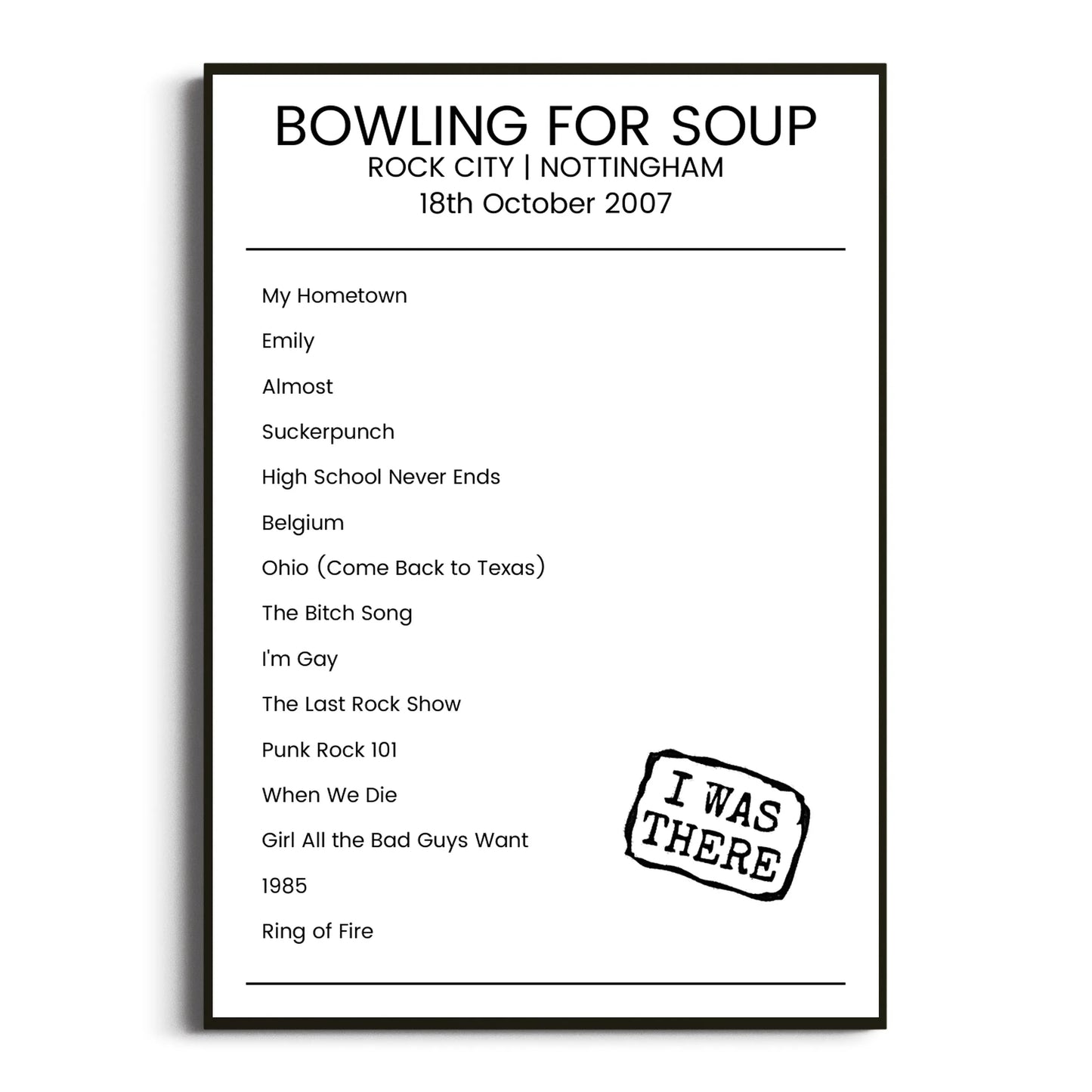 Bowling for Soup Nottingham 18 October 2007 Setlist Poster