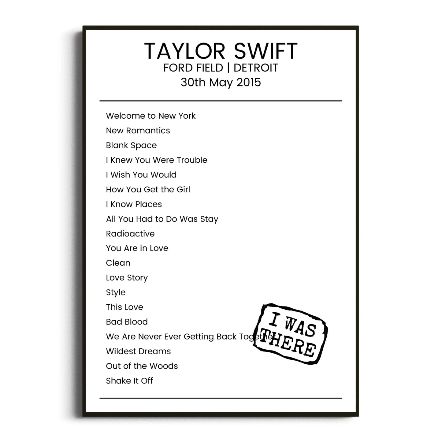 Taylor Swift Detroit 30 May 2015 Setlist Poster