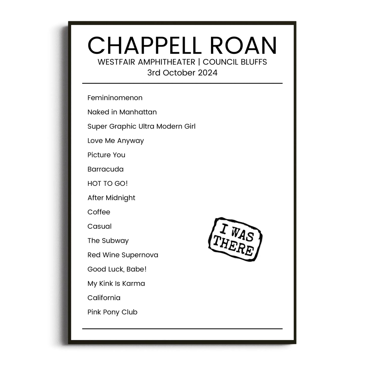 Chappell Roan Council Bluffs 03 October 2024 Setlist Poster