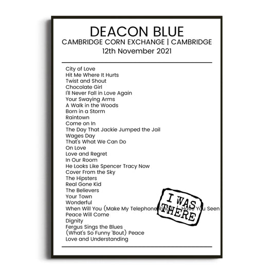 Deacon Blue Cambridge 12 November 2021 Setlist Poster