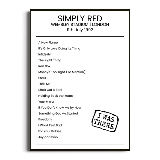 Simply Red London 11 July 1992 Setlist Poster