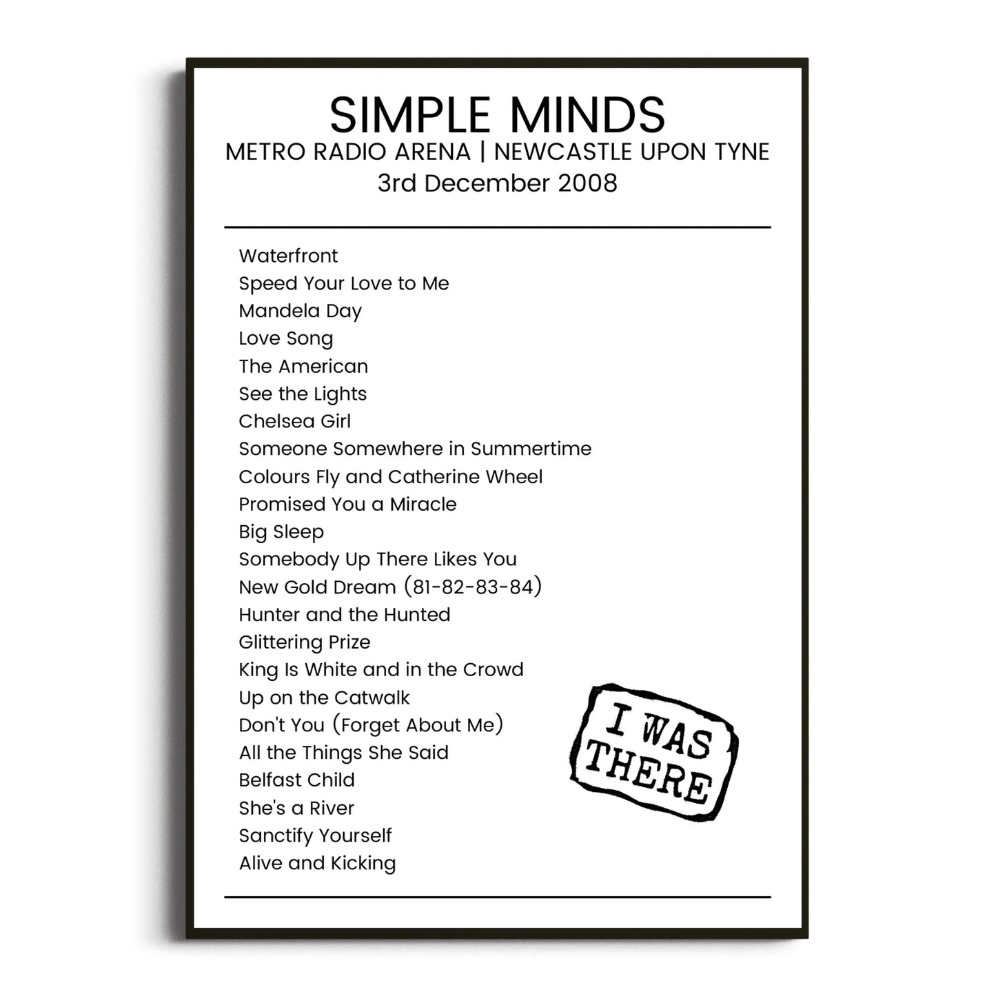 Simple Minds Newcastle upon Tyne 03 December 2008 Setlist Poster