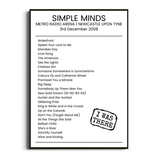 Simple Minds Newcastle upon Tyne 03 December 2008 Setlist Poster