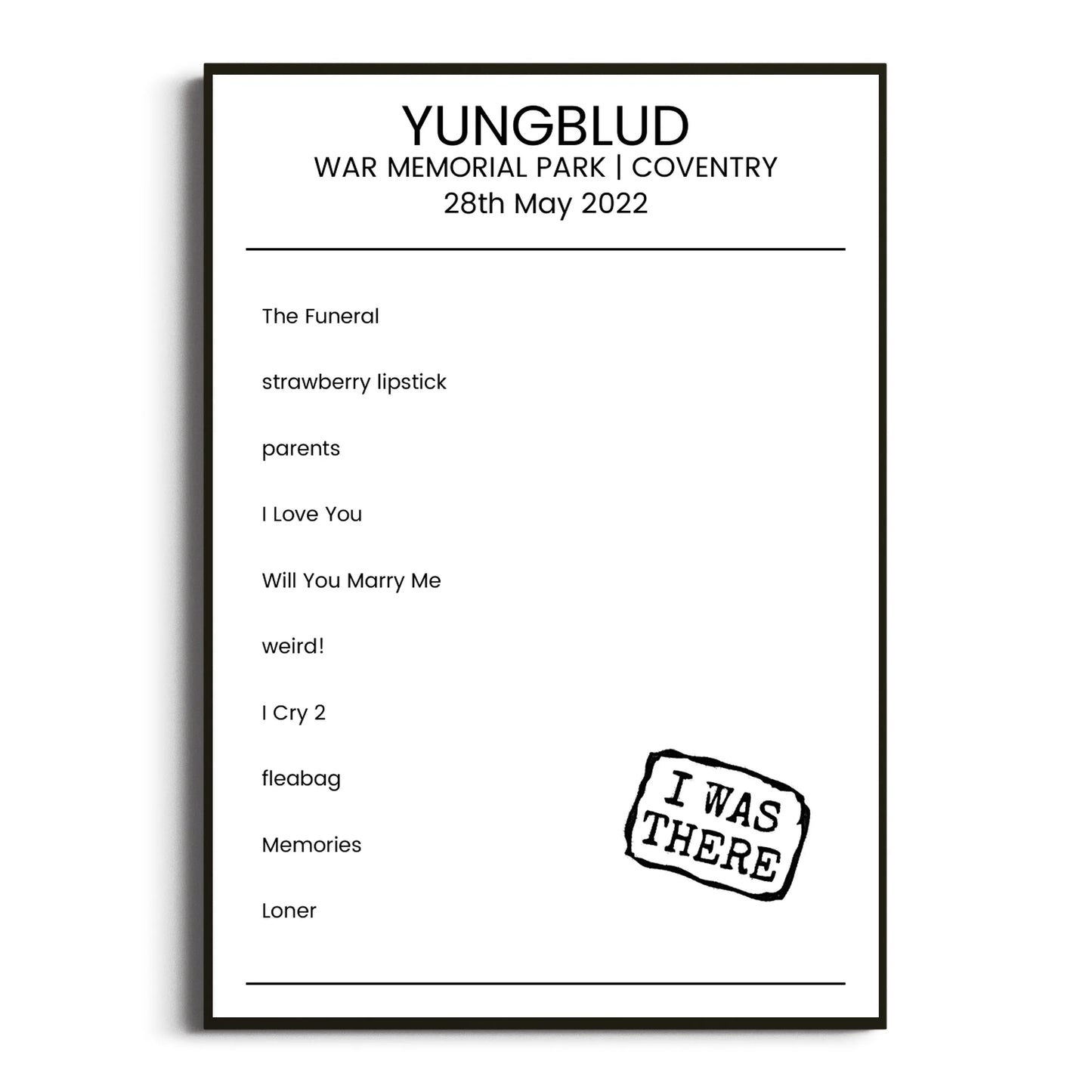 YUNGBLUD Coventry 28 May 2022 Setlist Poster