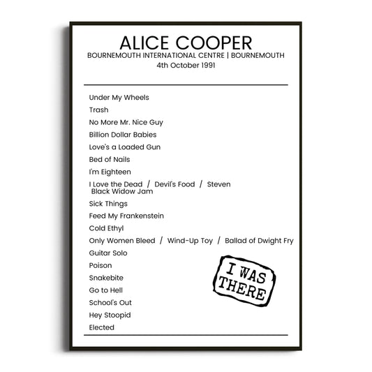 Alice Cooper Bournemouth 04 October 1991 Setlist Poster