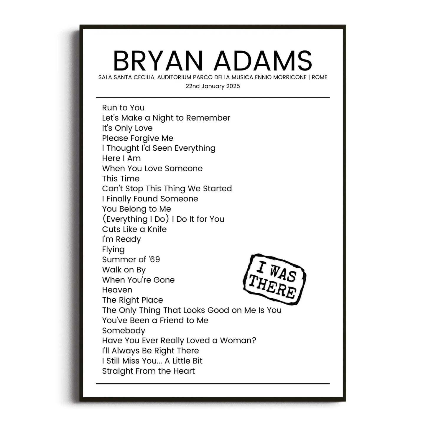 Bryan Adams Rome 22 January 2025 Setlist Poster