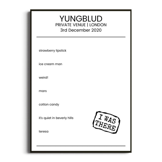 YUNGBLUD London 03 December 2020 Setlist Poster