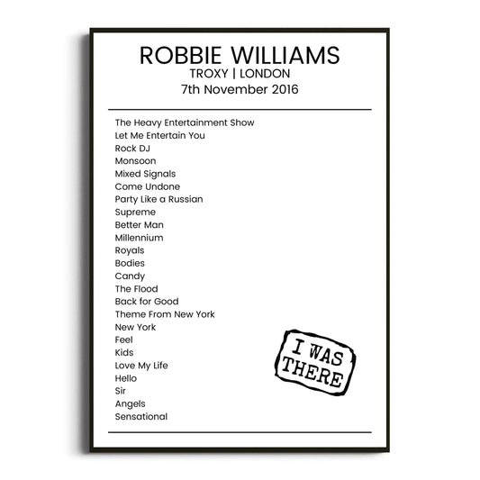 Robbie Williams London 07 November 2016 Setlist Poster