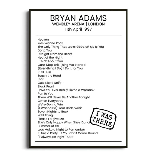 Bryan Adams London 11 April 1997 Setlist Poster