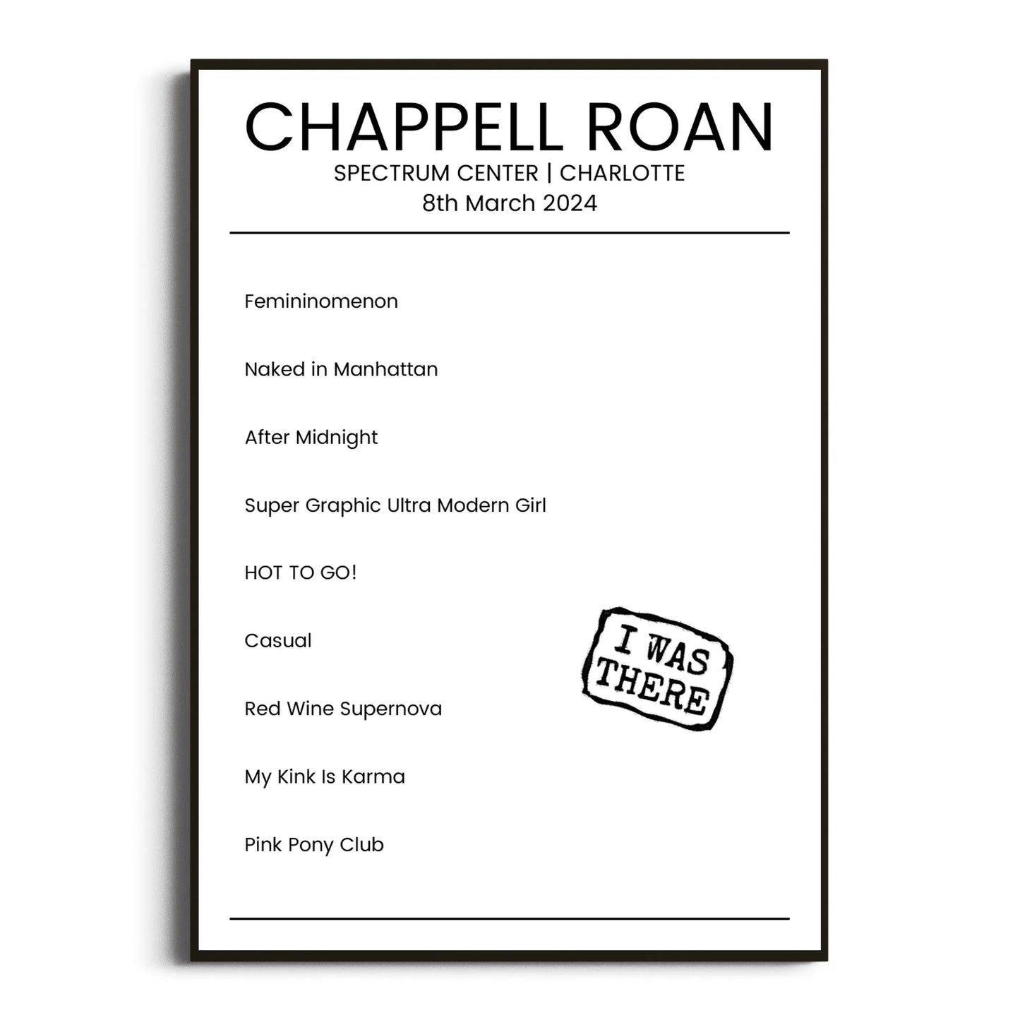 Chappell Roan Charlotte 08 March 2024 Setlist Poster