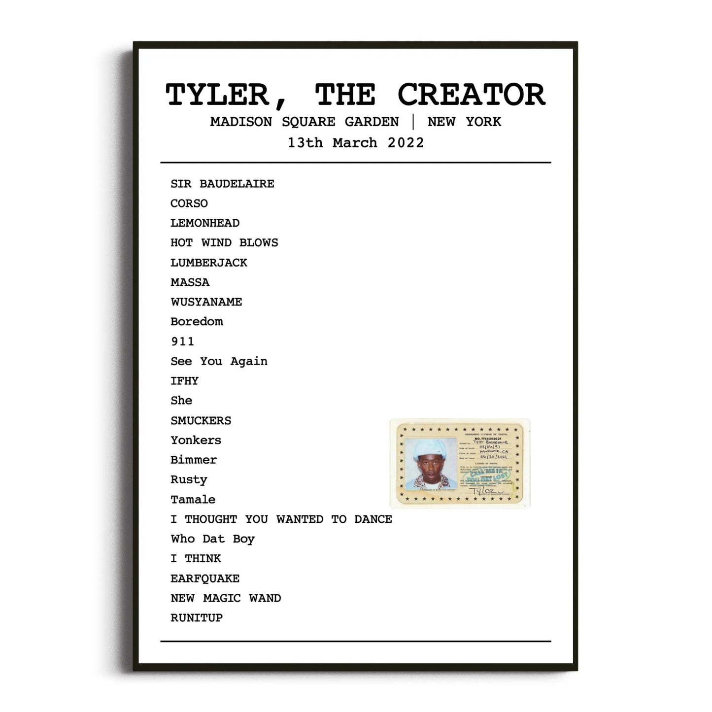 Tyler, The Creator New York 13 March 2022 Setlist Poster