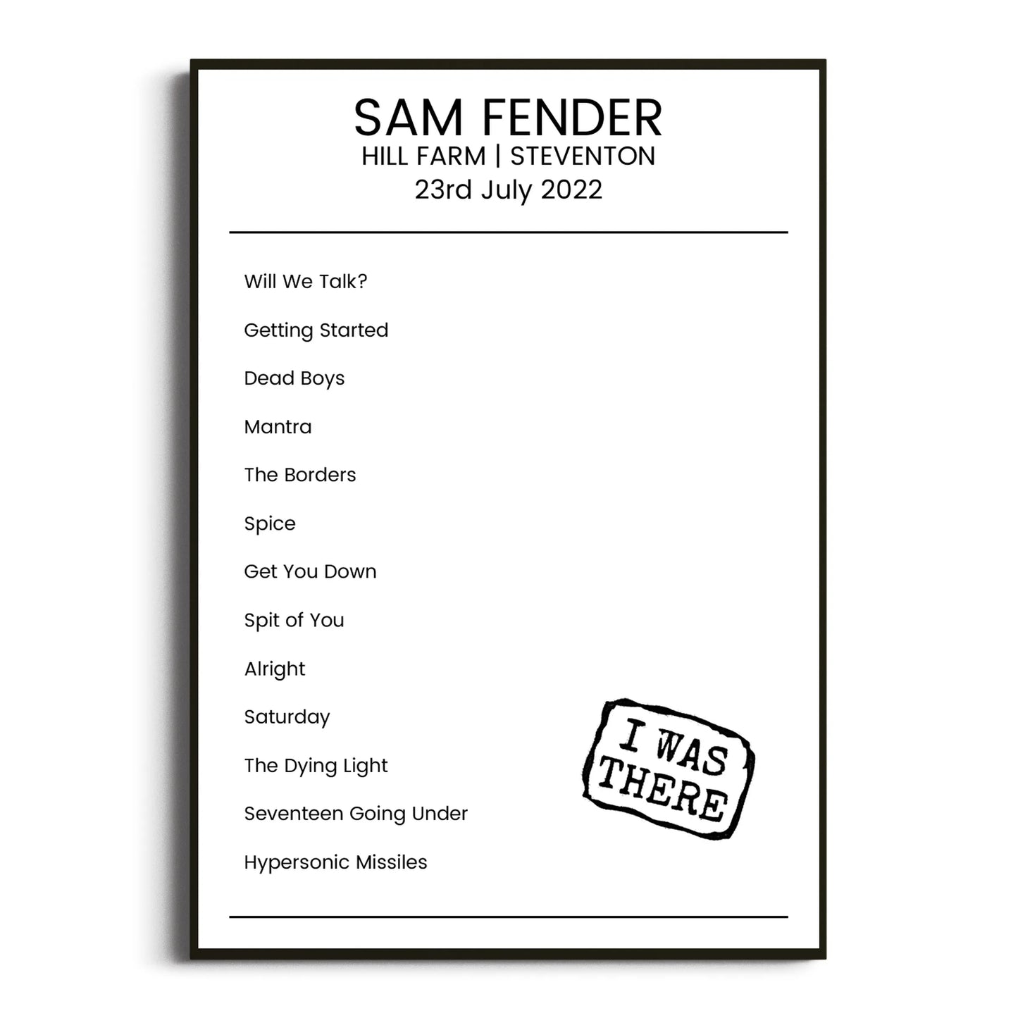 Sam Fender Steventon 23 July 2022 Setlist Poster